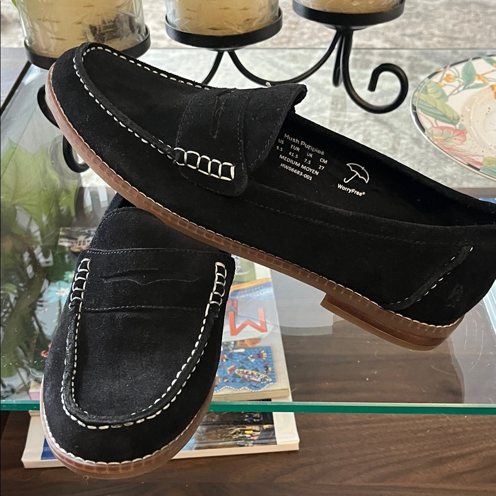 Hush Puppies Black Suede Loafers with White Stitching